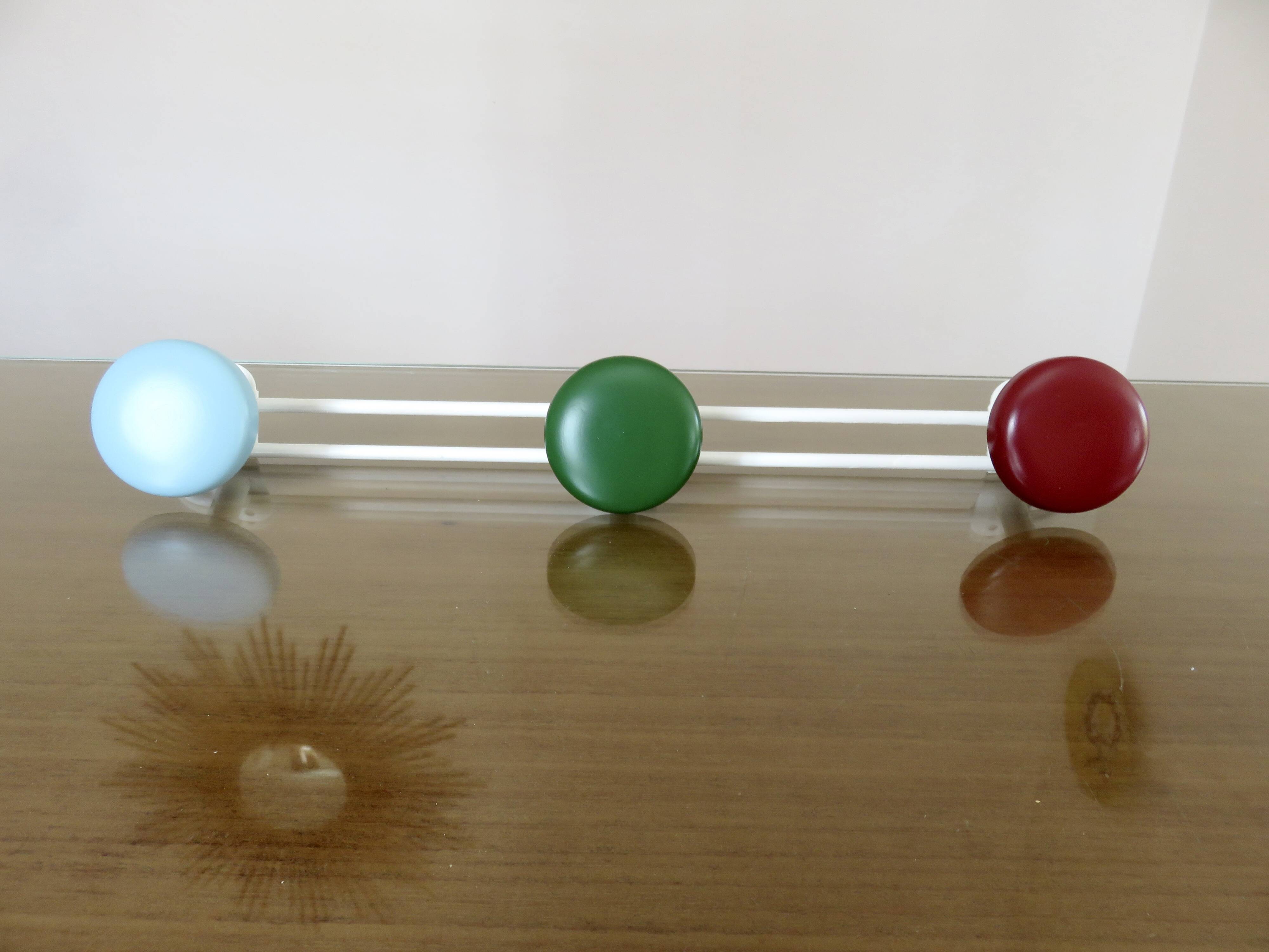 Metal coat rack, 3 colored hooks from the 60s and 70s