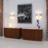 Contemporary Pair of Italian Sideboards Made of Solid Wood and Travertine