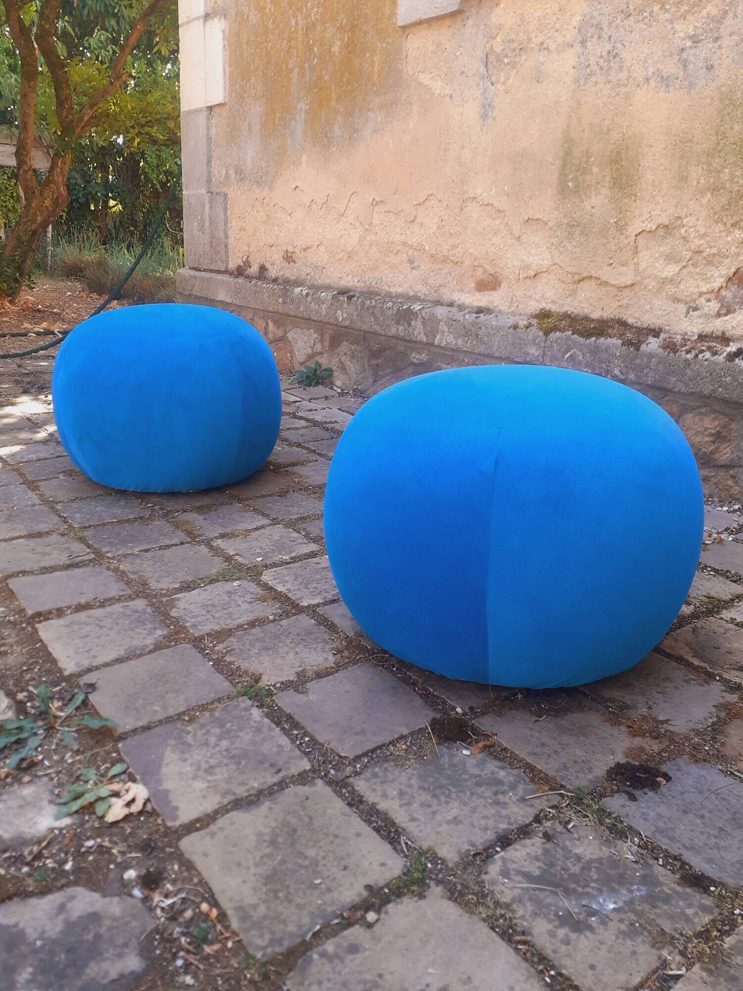 Pair of stools, blue ball ottoman from the 80s.