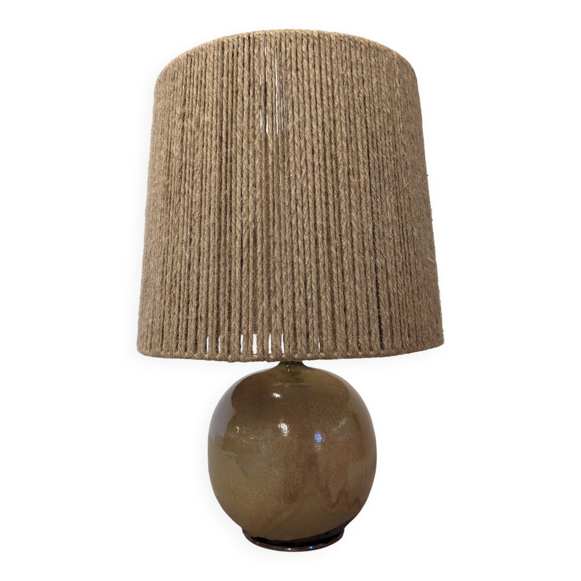 Vintage ball lamp in enamelled stoneware and jute rope