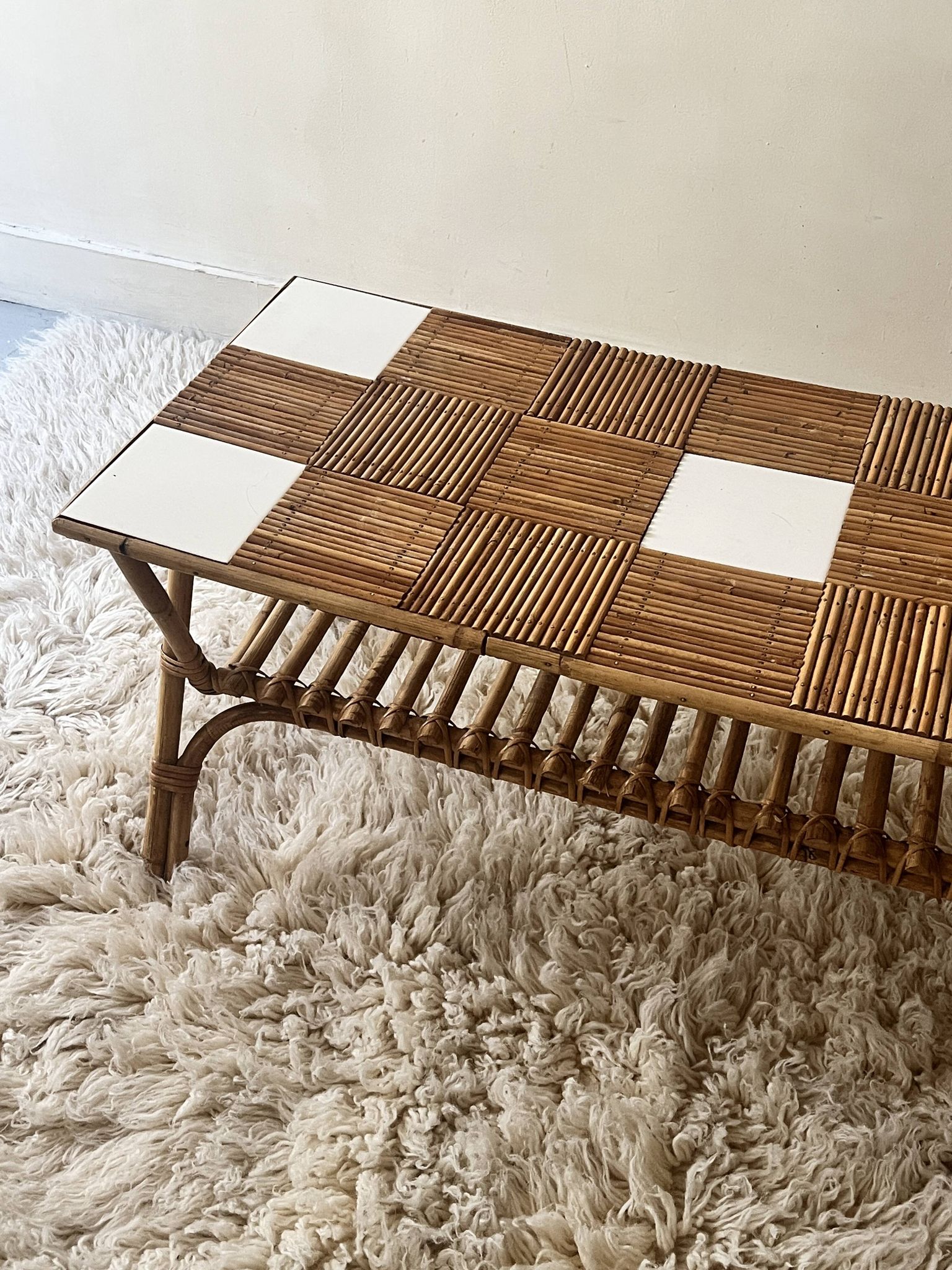 Large Audoux style coffee table in bamboo, rattan & ceramic, France 60