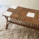 Large Audoux style coffee table in bamboo, rattan & ceramic, France 60