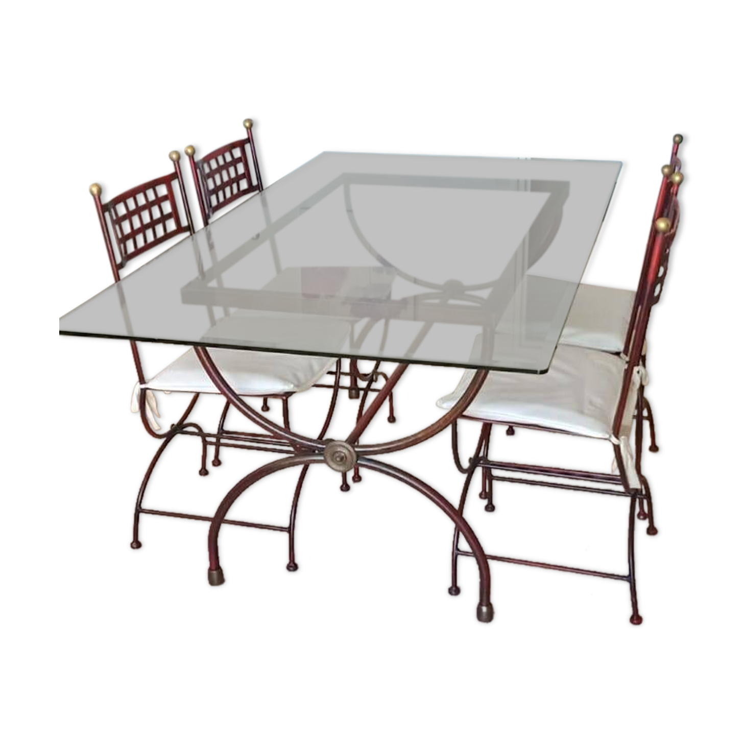 Table fer forgé et verre avec 4 chaises