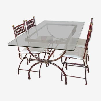 Table fer forgé et verre avec 4 chaises