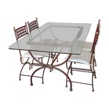 Table fer forgé et verre avec 4 chaises