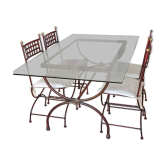 Table fer forgé et verre avec 4 chaises