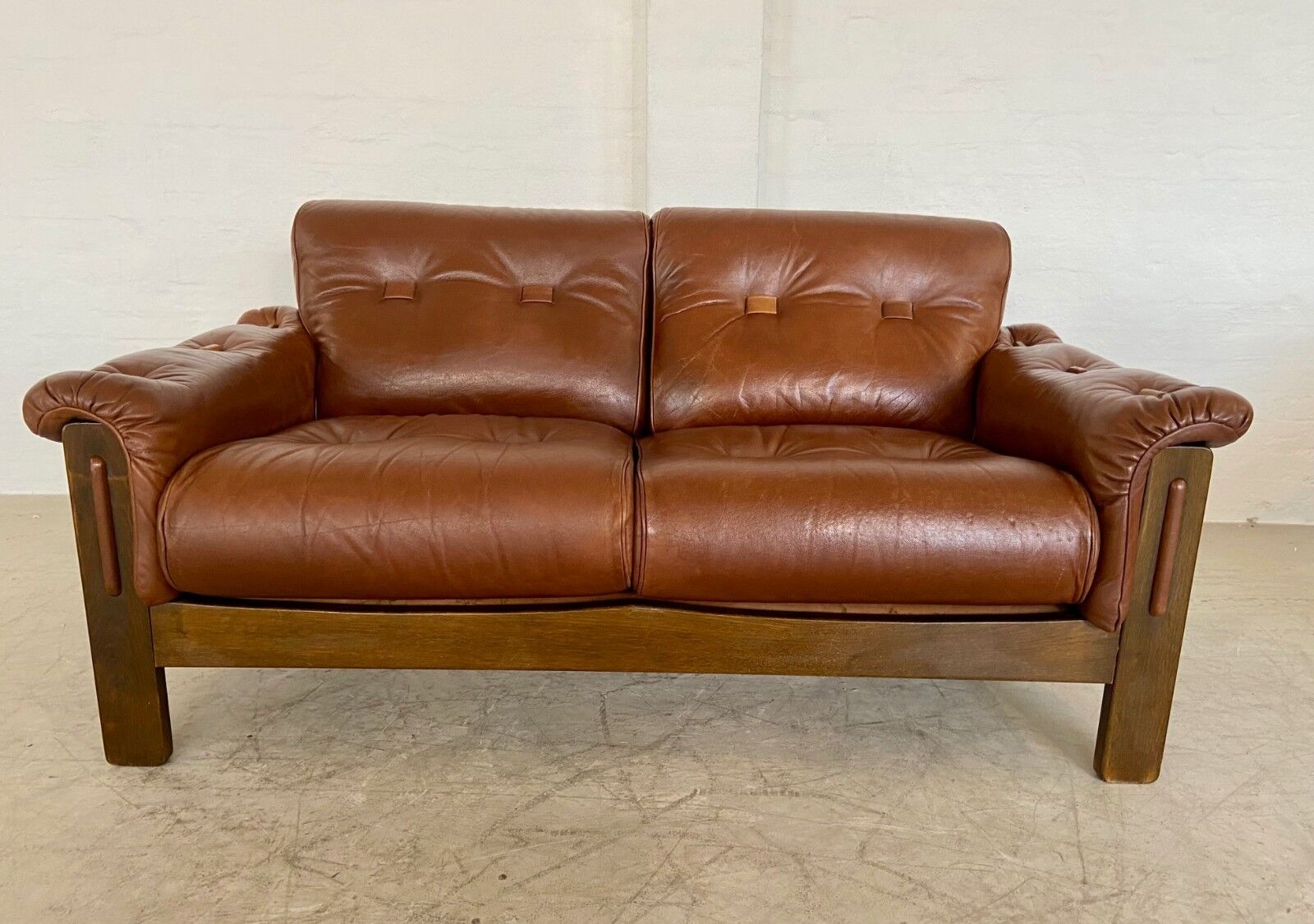 Vintage Danish mid-century cognac brown leather 2-seater Stouby 1970s
