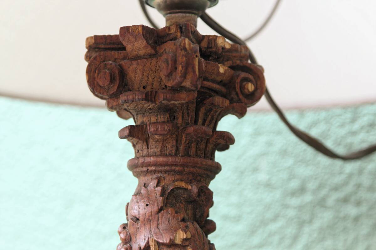 Carved wooden lamp, Corinthian column, 17th century