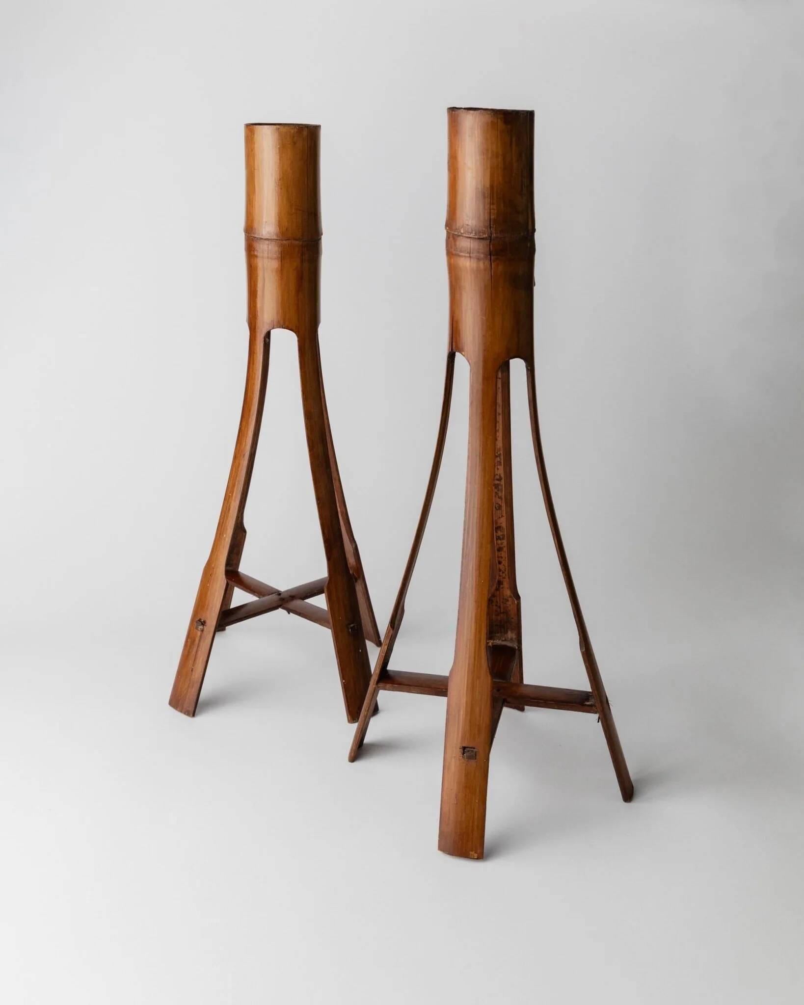 Two Vintage Beige Bamboo Candle Holders – Boho Organic Mid-Century Italian Design, 1960s