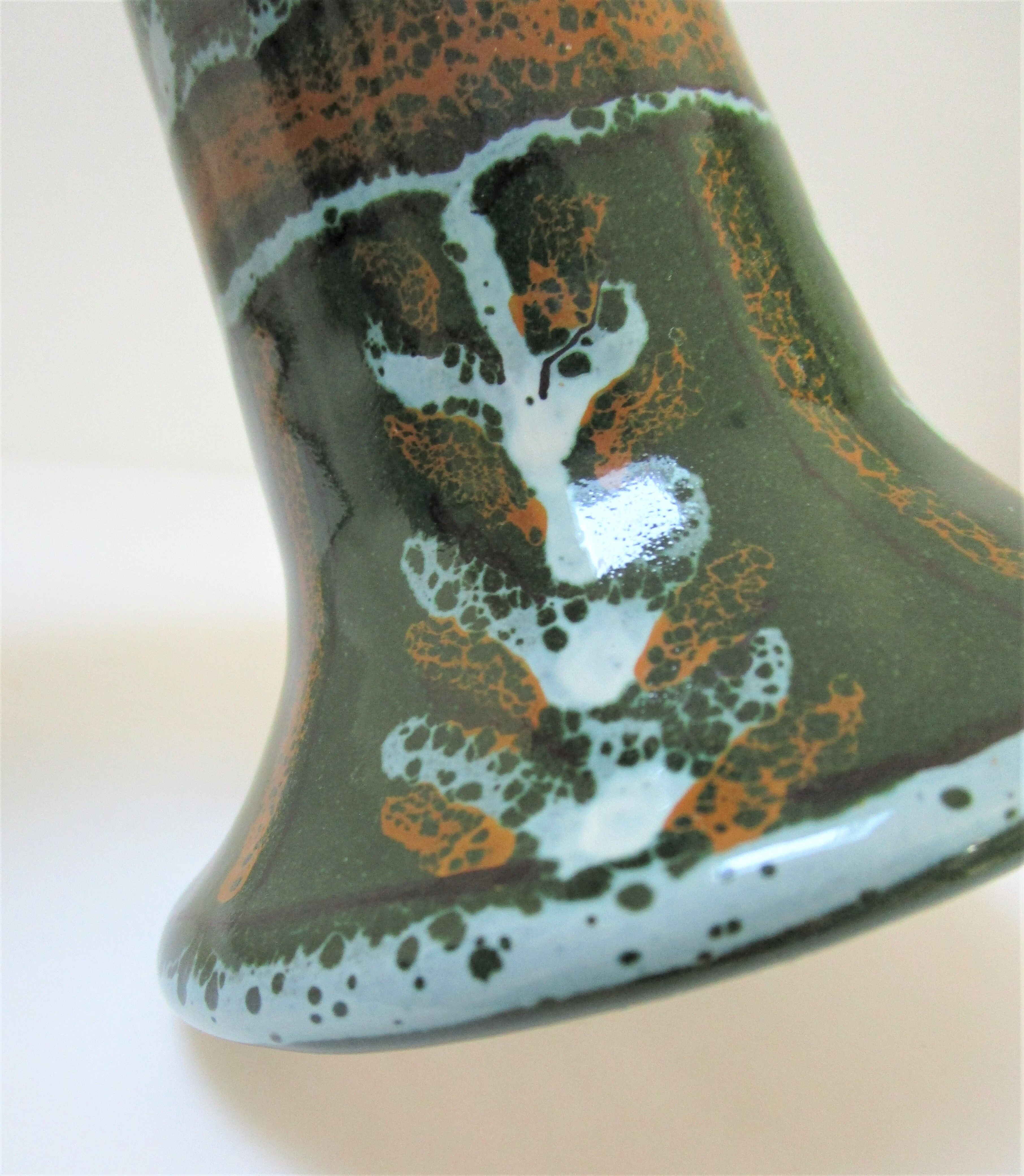 enamelled ceramic candle holder signed "S" plant decoration 70s