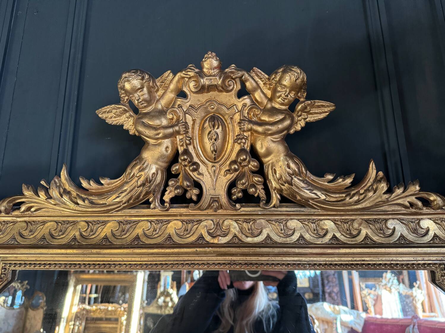 Napoleon iii period fireplace mirror in golden wood with putti decor - 19th century