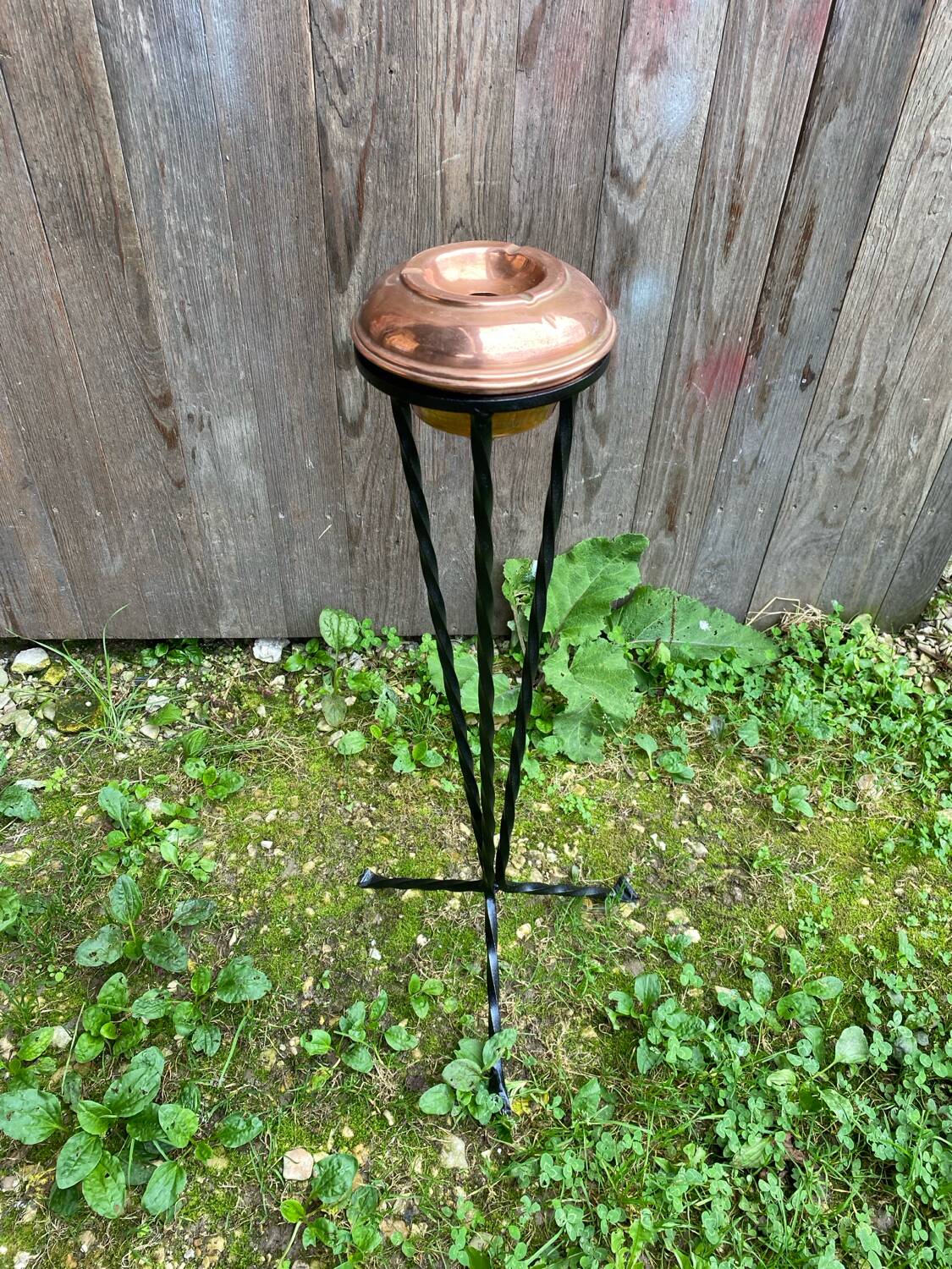 Antique copper ashtray on wrought iron stand twisted black vintage