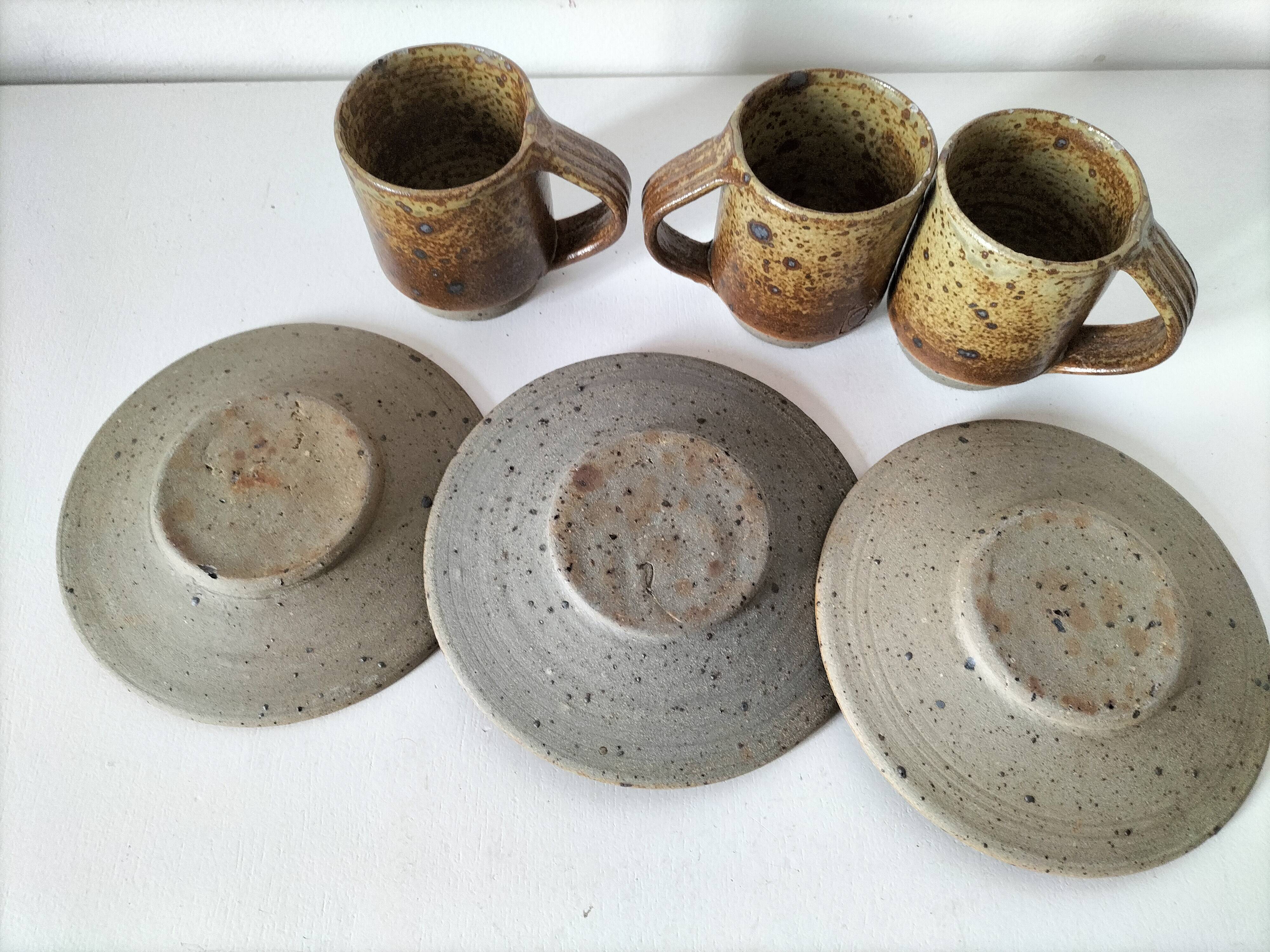 Set of three cups and saucers in pyrite stoneware - Charles Gaudry, Puisaye