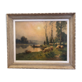 Tableau huile sur toile berger et son troupeau