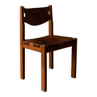 Vintage Maison Regain Pine & Cognac Leather Chair, France 1970s