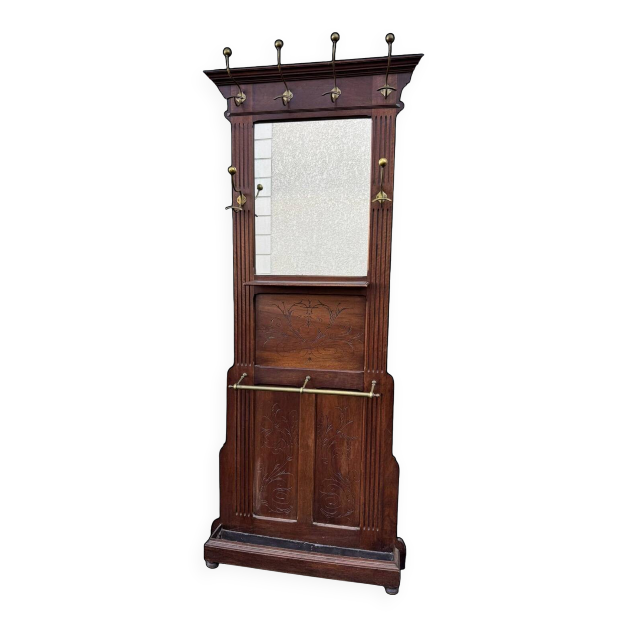 Antique hall coat rack – mirror, hooks & umbrella stand