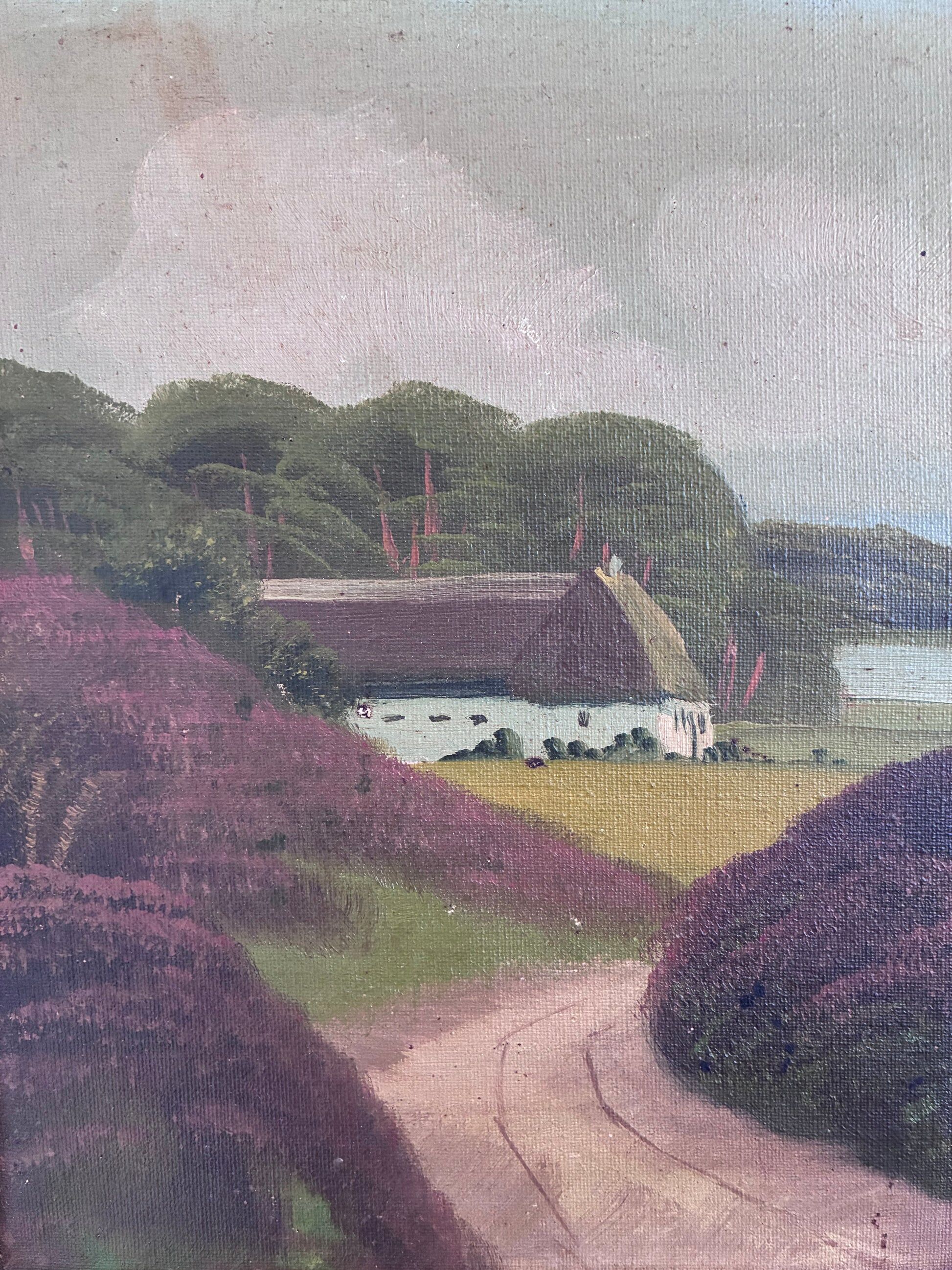 Vintage original landscape oil painting, signed countryside cottage art
