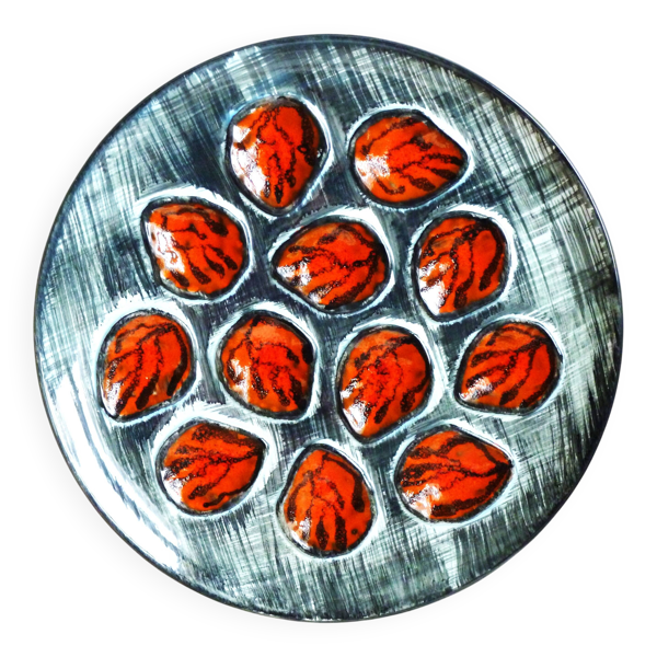 Plat de présentation à huîtres et coquillages de Pornic peint mains.