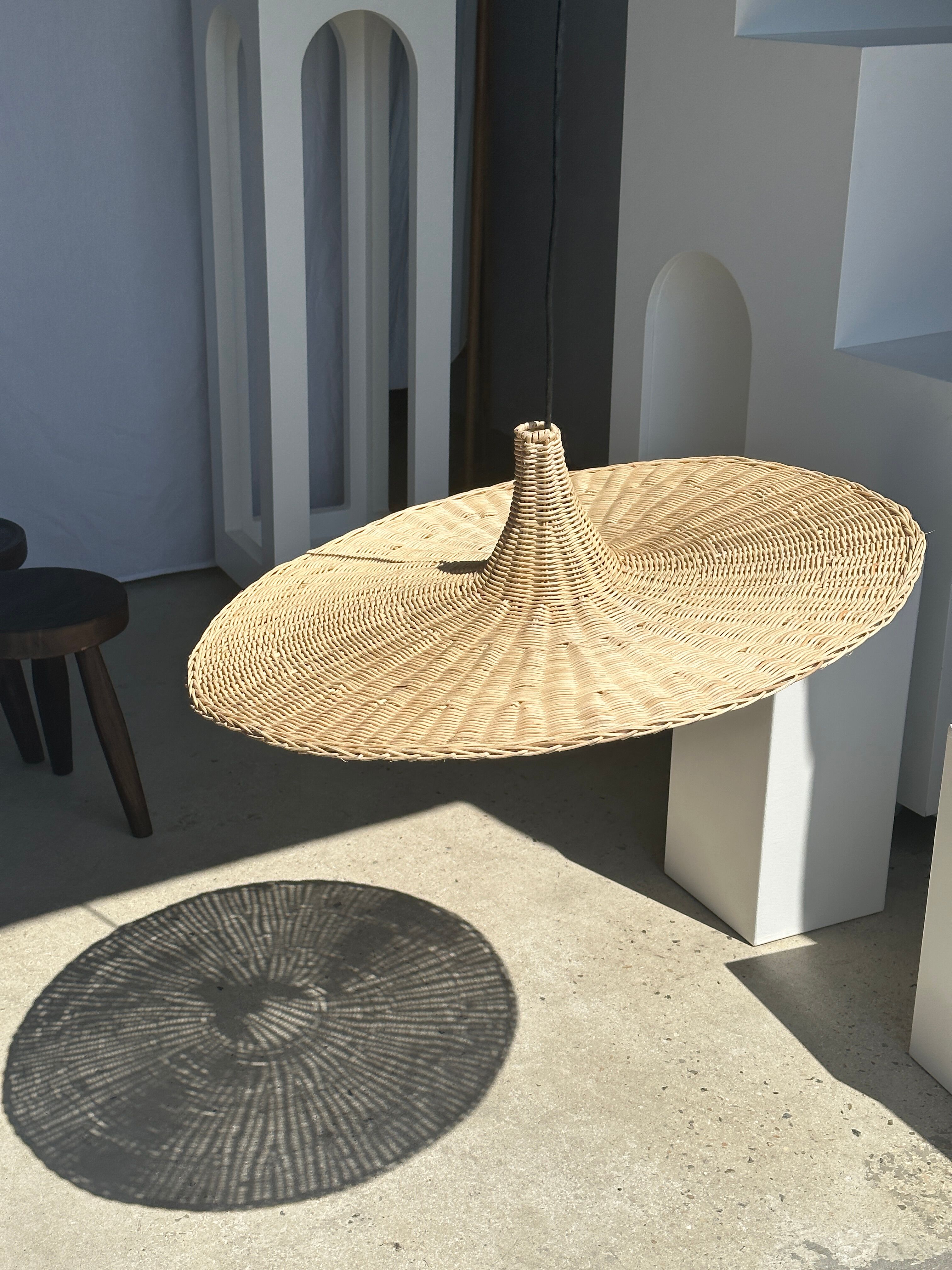 Large suspension, rattan luminaire in hat shape D:80cm