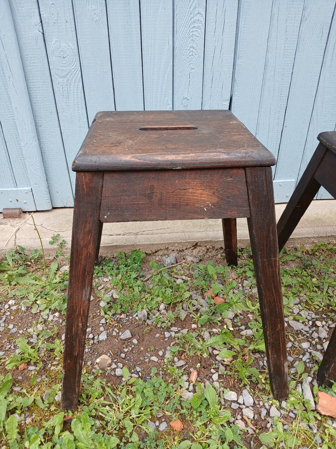 2 antique wooden workshop stools
