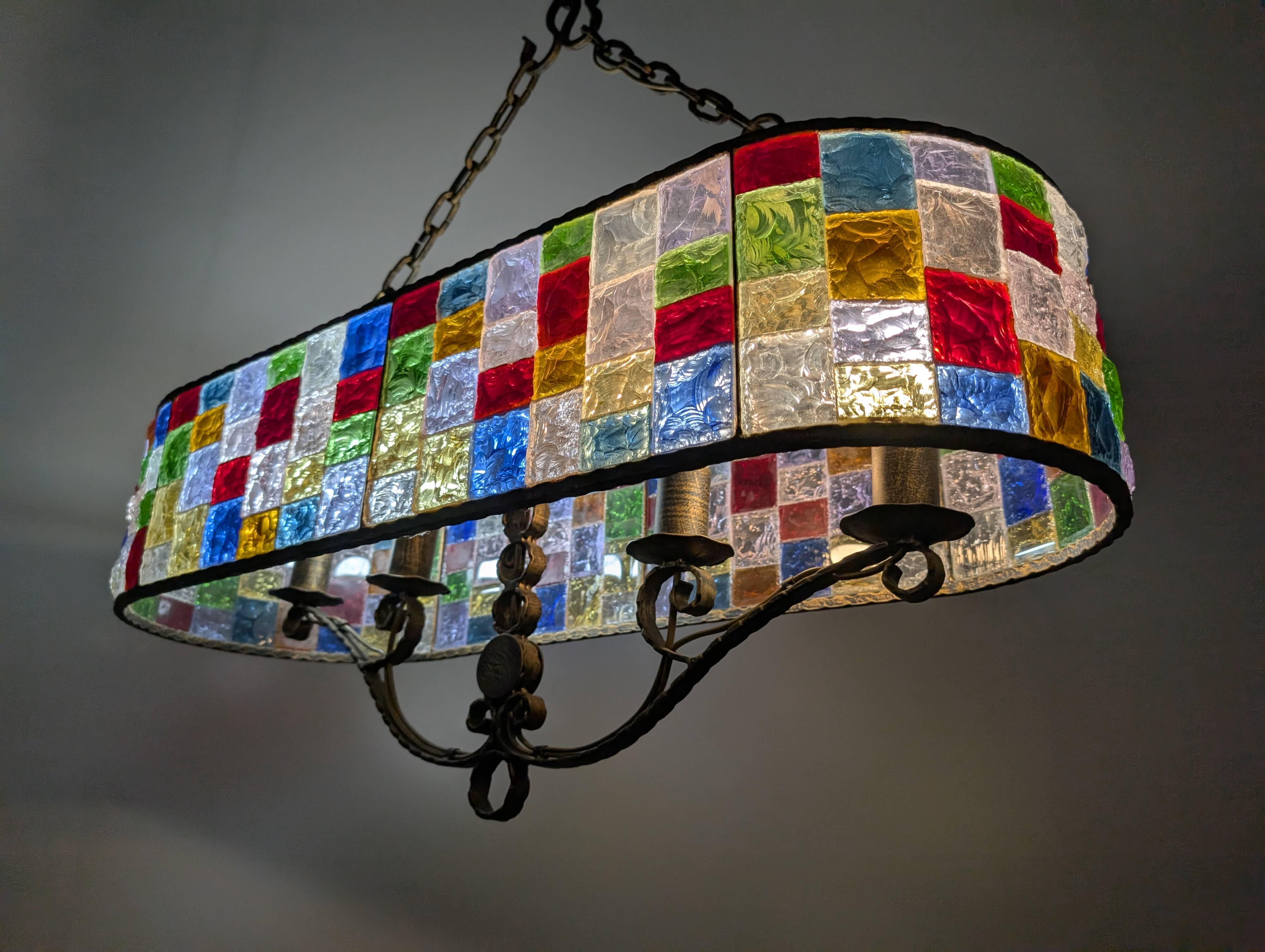 Large Italian Multi-Colored Hammered Crystal and Wrought Iron Chandelier