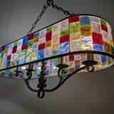 Large Italian Multi-Colored Hammered Crystal and Wrought Iron Chandelier