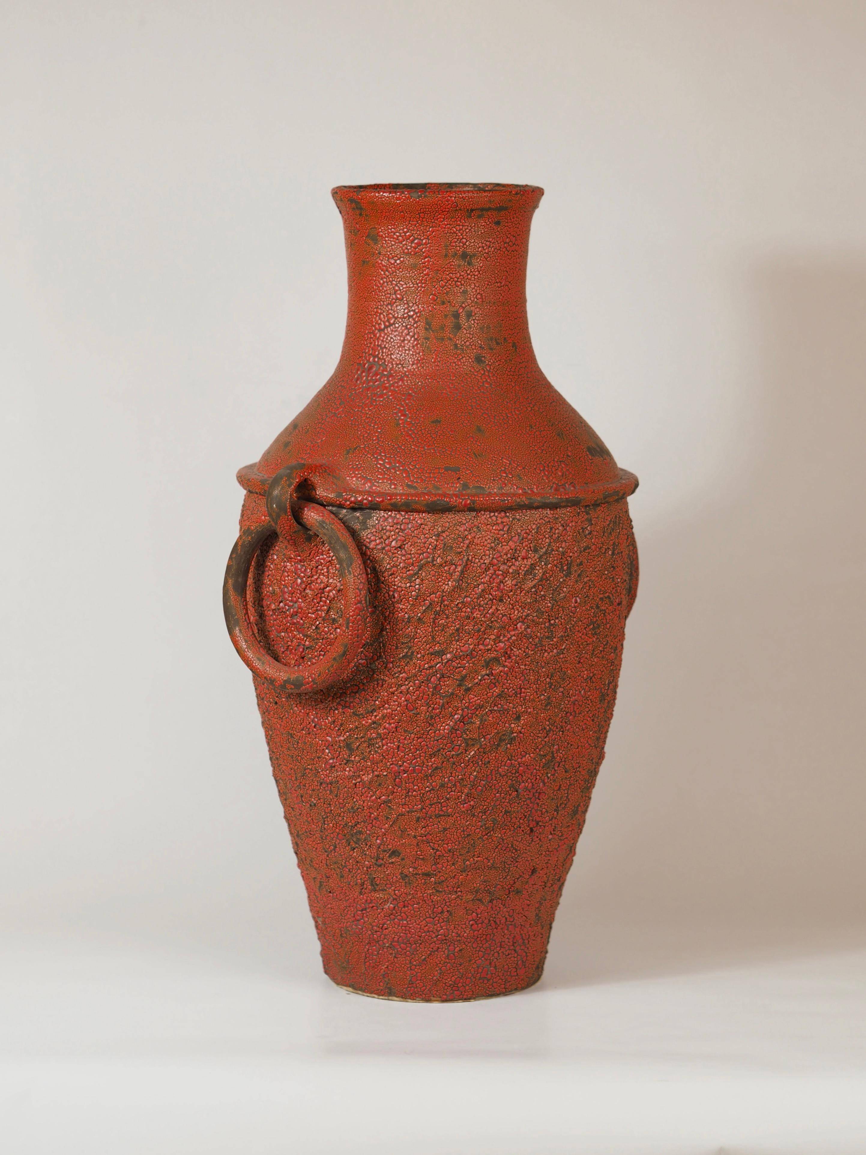 Monumental sun vase "Fat Lava" from the mid-century, with a rare movable ceramic handle handmade.