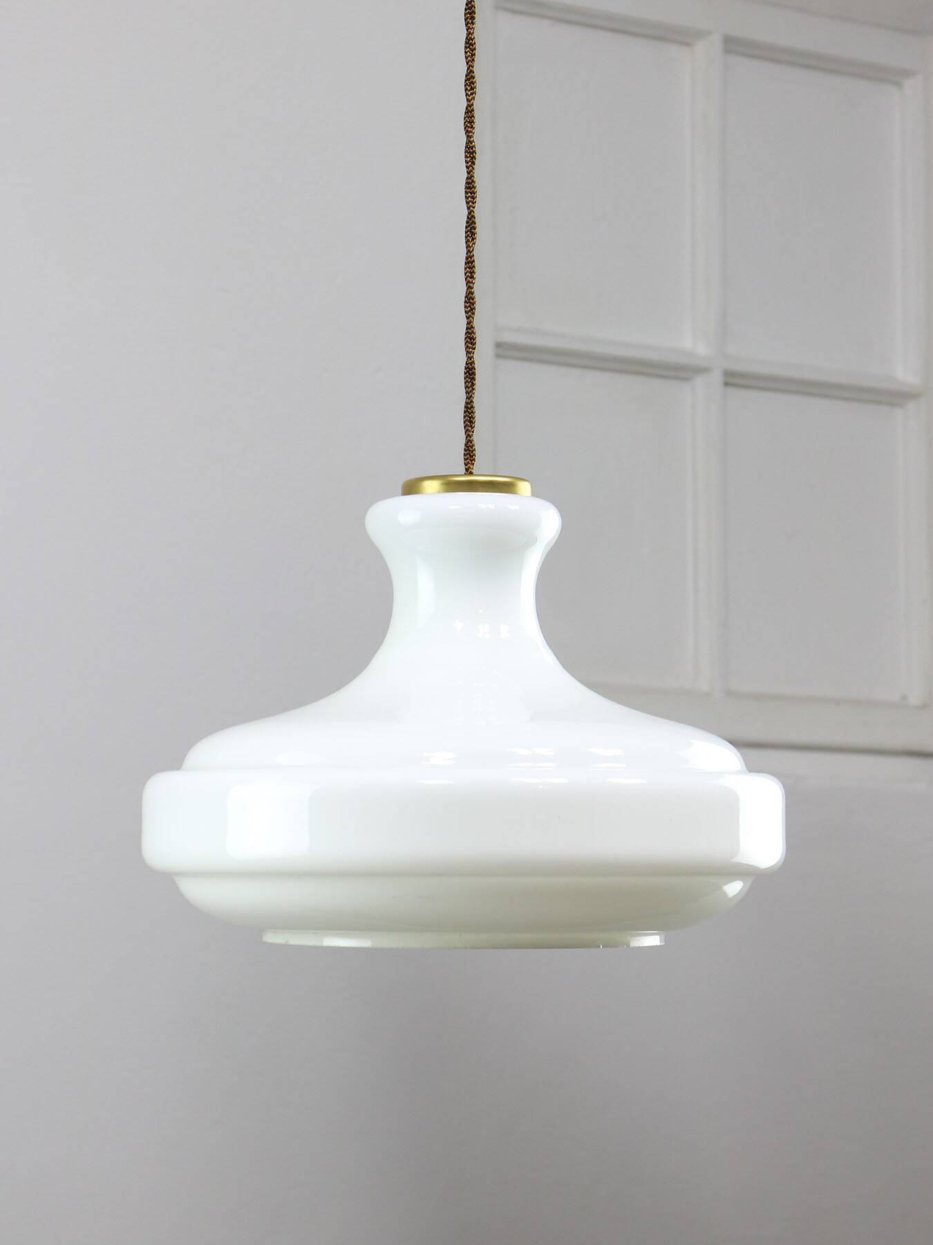Mid-Century Italian White Glass and Brass Pendant Lamp