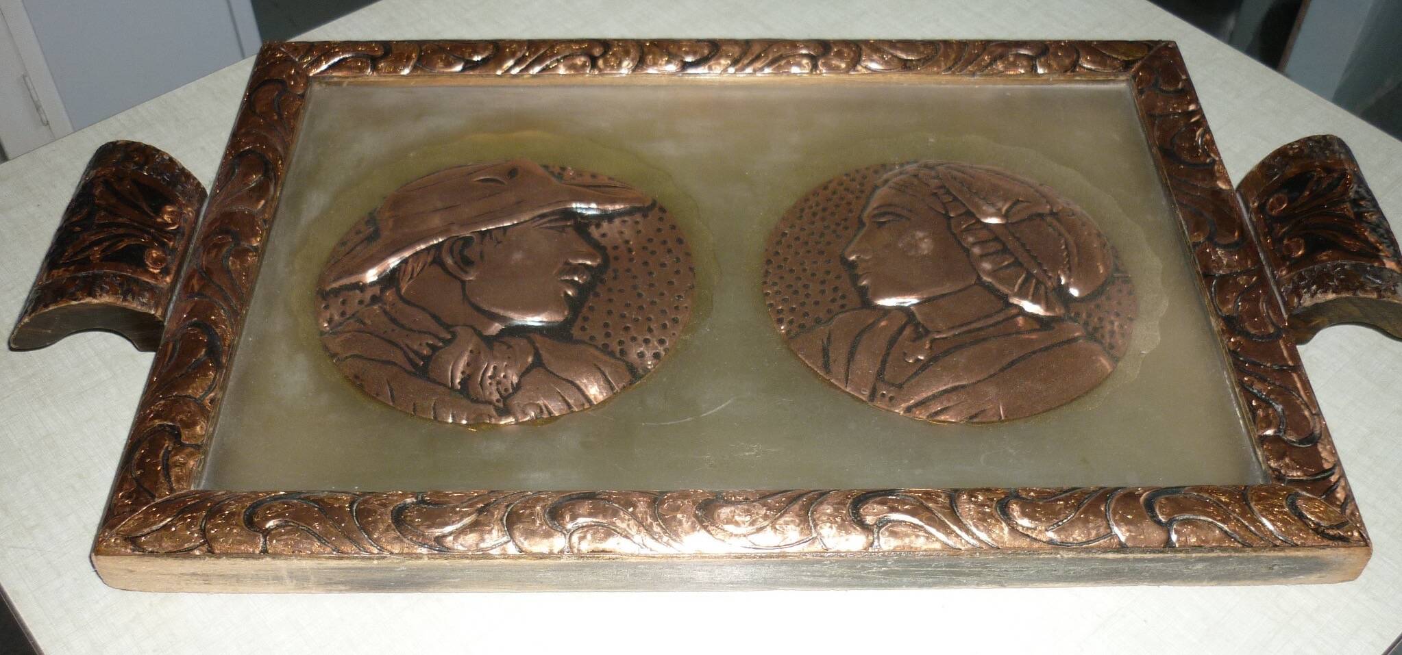 Serving tray in wood, copper and glazed 1950