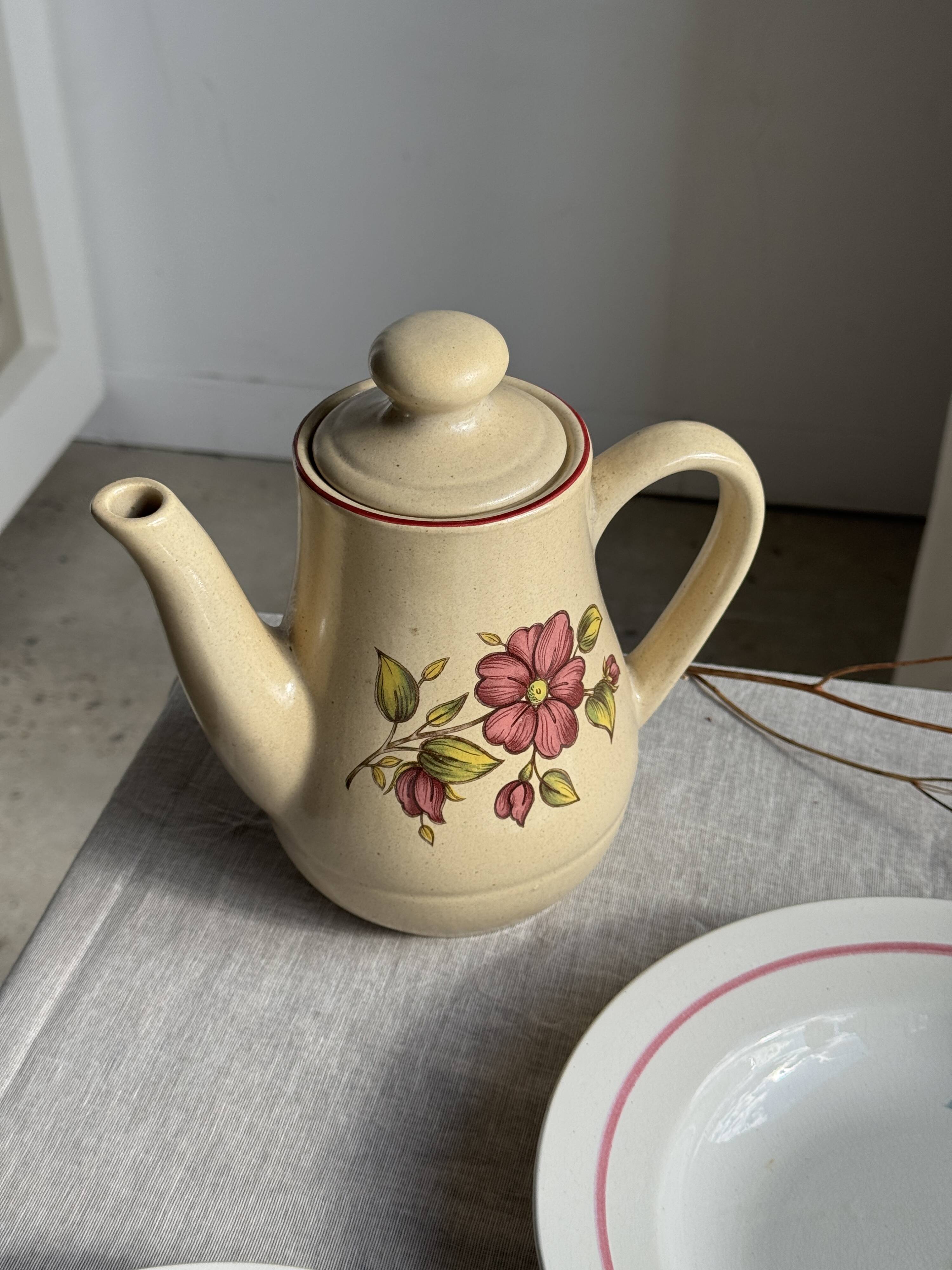 Vintage beige stoneware teapot with pink flower pattern H22