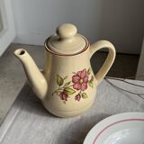 Vintage beige stoneware teapot with pink flower pattern H22