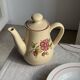 Vintage beige stoneware teapot with pink flower pattern H22