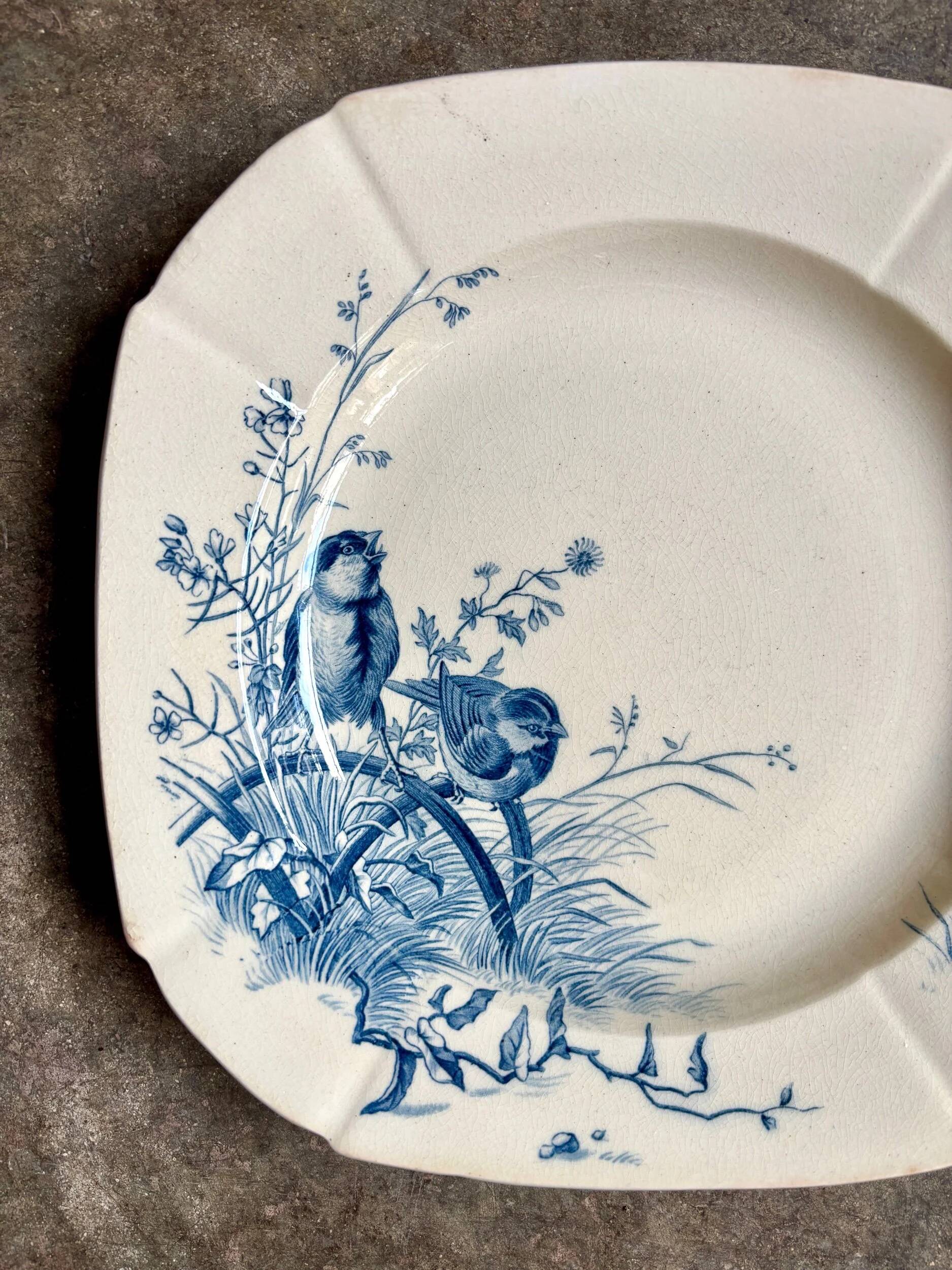 Blue ironstone hollow plate from Gien, "Birds" service circa 1870 no. 4