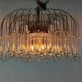 Pair of large chandeliers adorned with glass drops, chrome metal structures, Italy circa 1960.