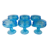 6 coupes à dessert en verre pressé bleu Portieux vintage France