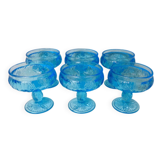 6 coupes à dessert en verre pressé bleu Portieux vintage France