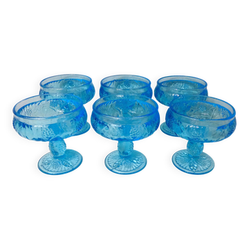 6 vintage Portieux blue pressed glass dessert bowls, France
