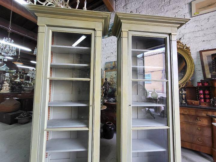 Magnificent pair of green painted fir bookcase display cabinet early 20th century