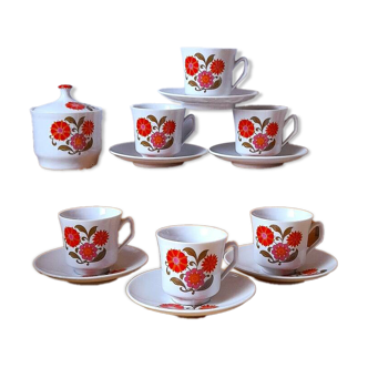 Floral porcelain cups and sugar bowl, 1970.
