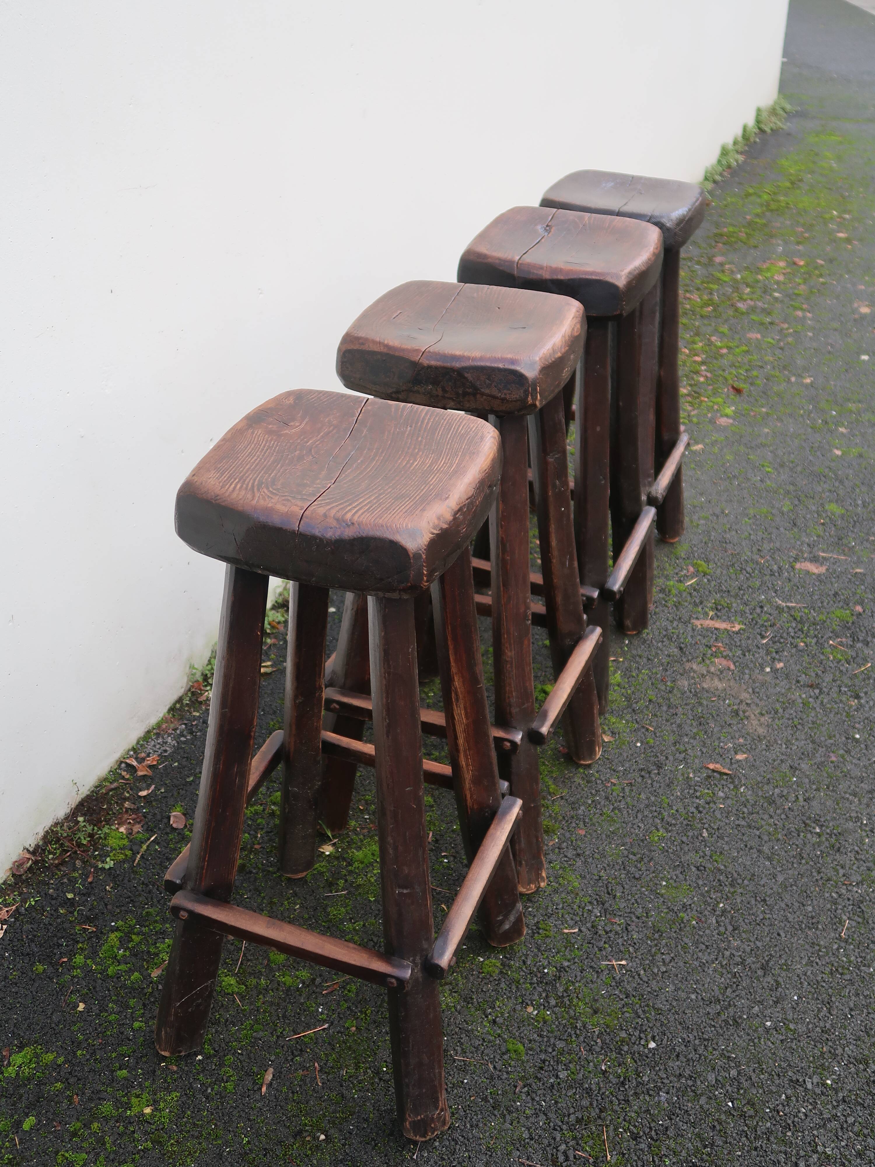 4 vintage brutalist solid wood bar stools