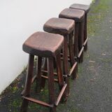 4 vintage brutalist solid wood bar stools