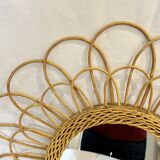 Round mirror flower sun in rattan wicker wood vintage 1960 1970 55 cm folk