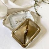 Old silver metal butter dish with fish lid
