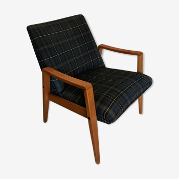 Fauteuil vintage 1960’s style scandinave et tissu écossais
