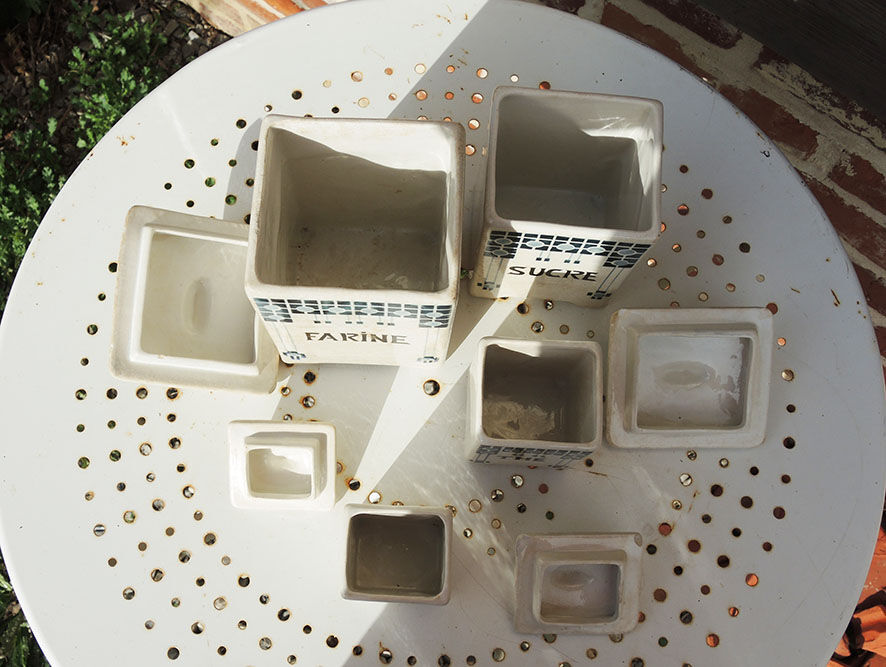 4 old art deco style earthenware kitchen pots