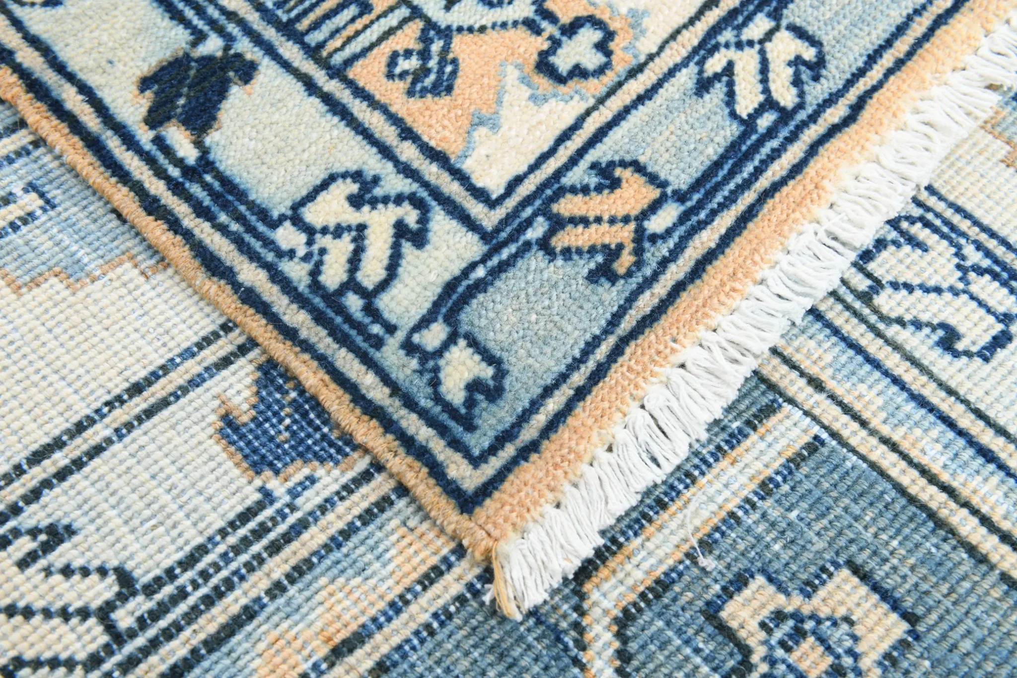 Vintage Large Blue & Peach Persian Rug, Handmade Wool Rustic Decor,348x495