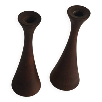 Pair of candlesticks in vintage stained birch wood, Scandinavian design