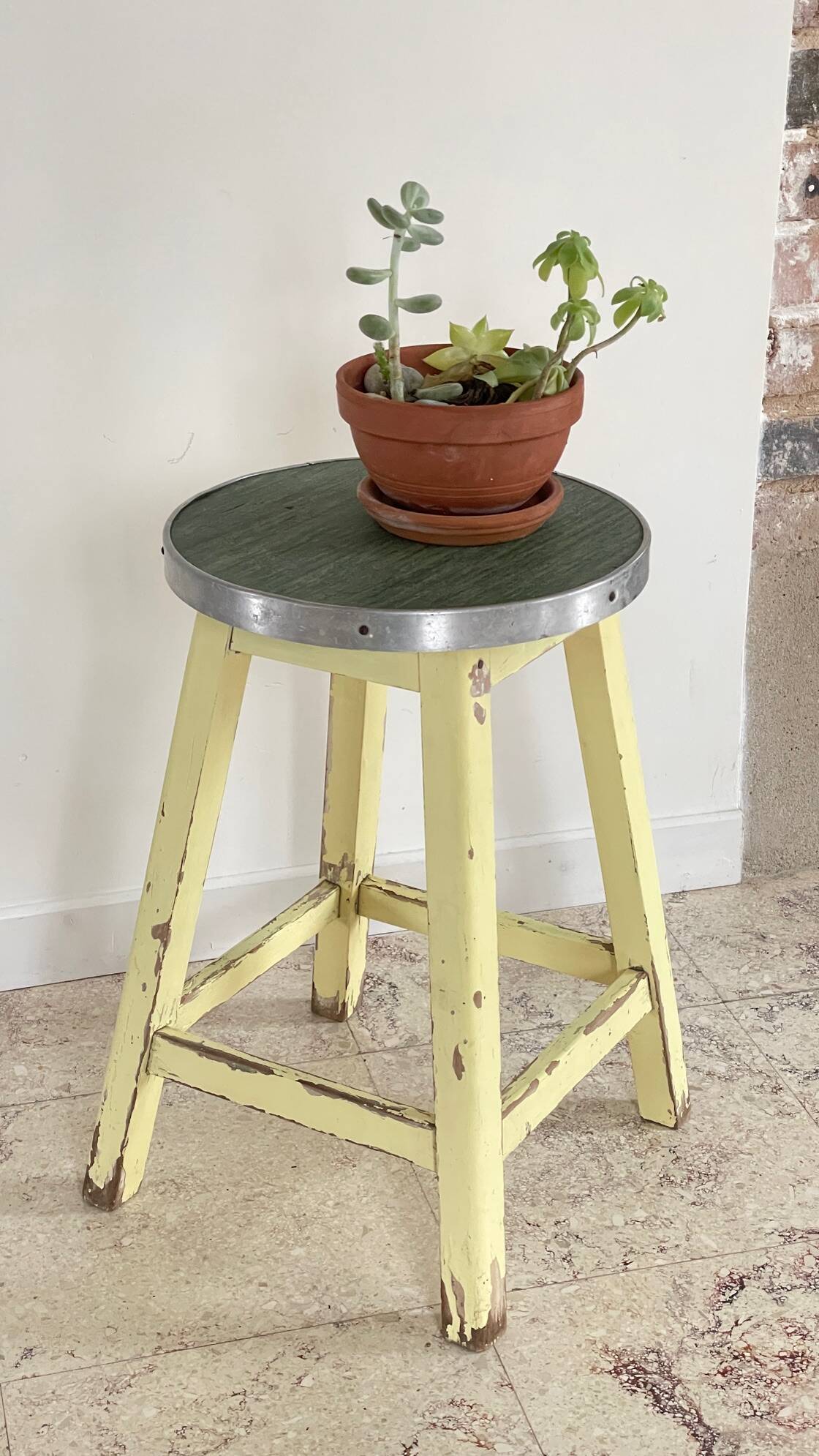Vintage stool in solid oak green seat