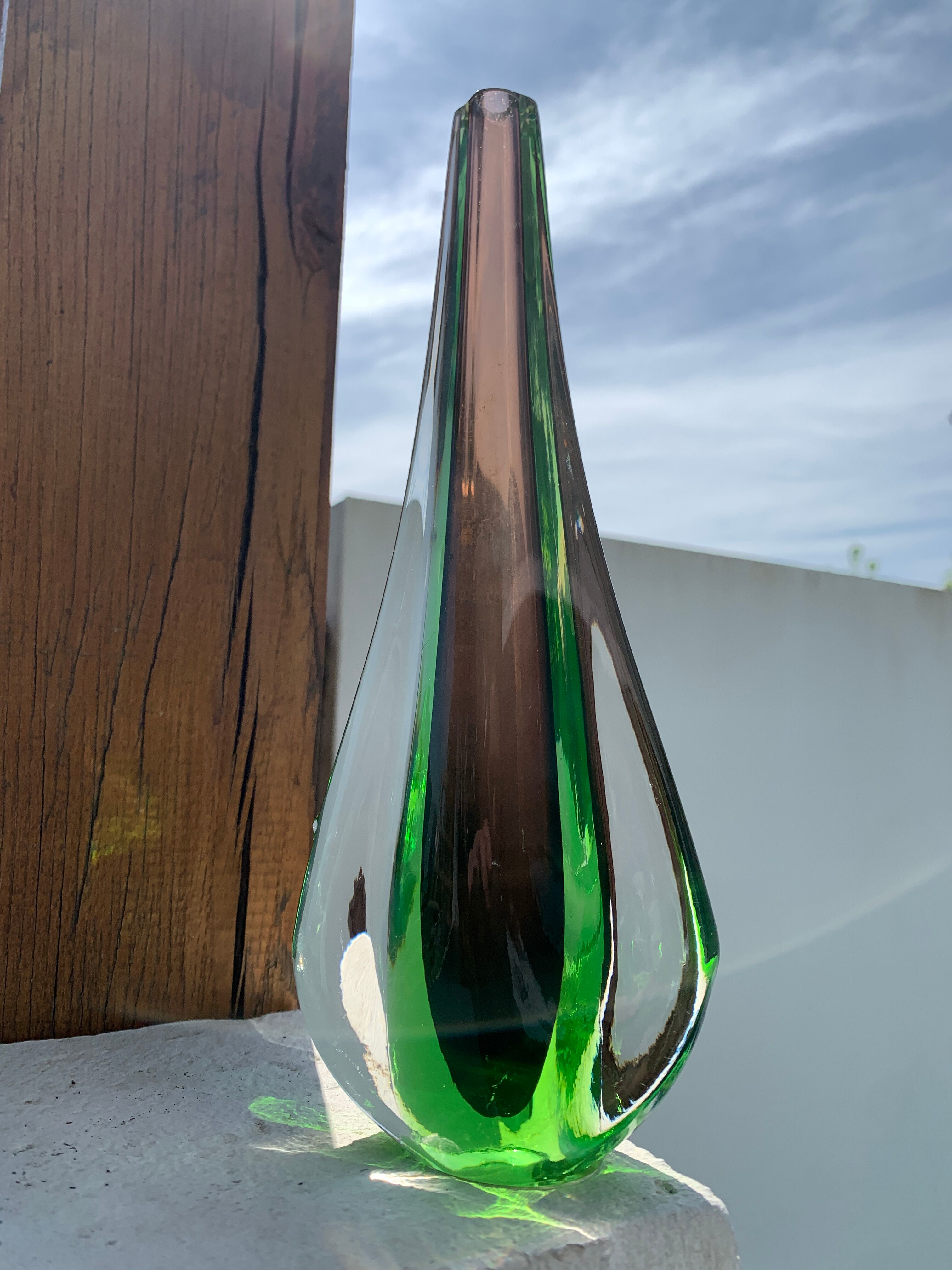 Green and red glass soliflore Sommerso Murano vase 1970