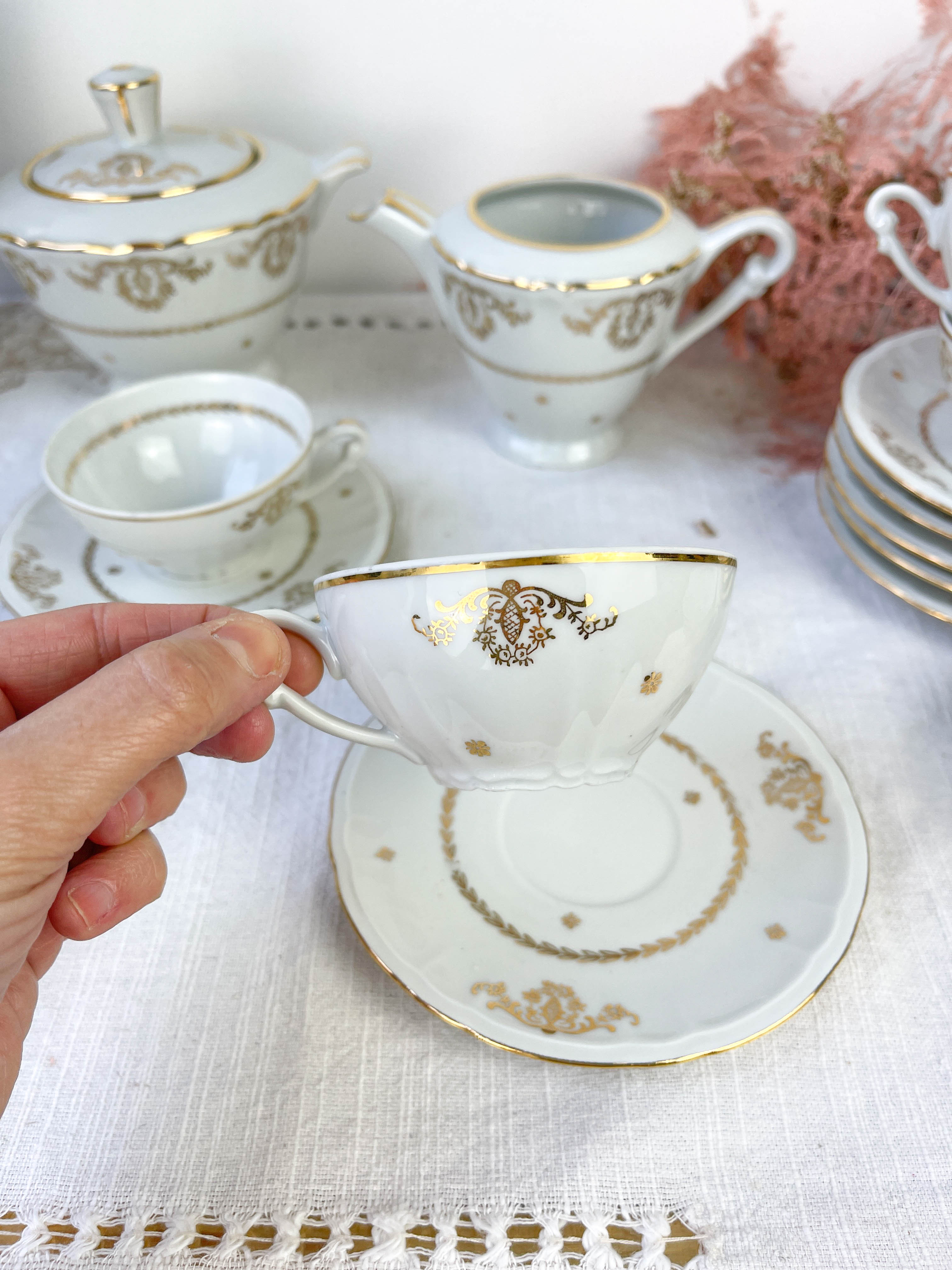 Vintage tea set in golden white porcelain CHAUVIGNY LIMOGES